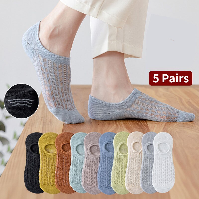 5 paia/lotto calzini invisibili in cotone Mujer antiscivolo Chaussette caviglia bassa donna femminile calzini da barca No Show Calcetines traspiranti