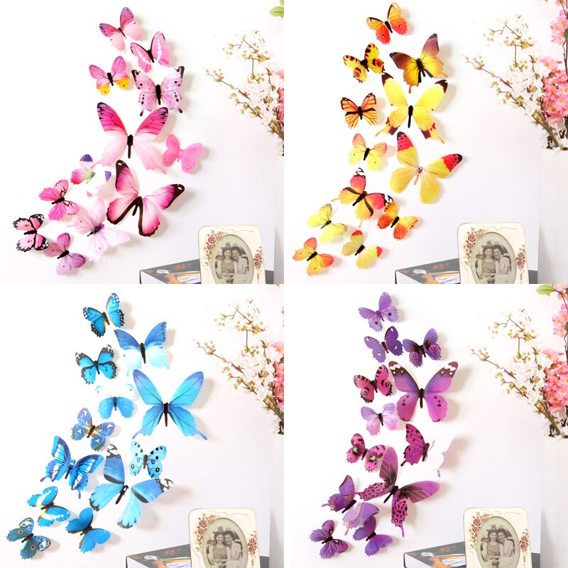 12pcs/lot 3D Butterfly Decor for Year Party Living room Bedroom Cute Butterflies Fridge Stickers Art Murals Home Decor