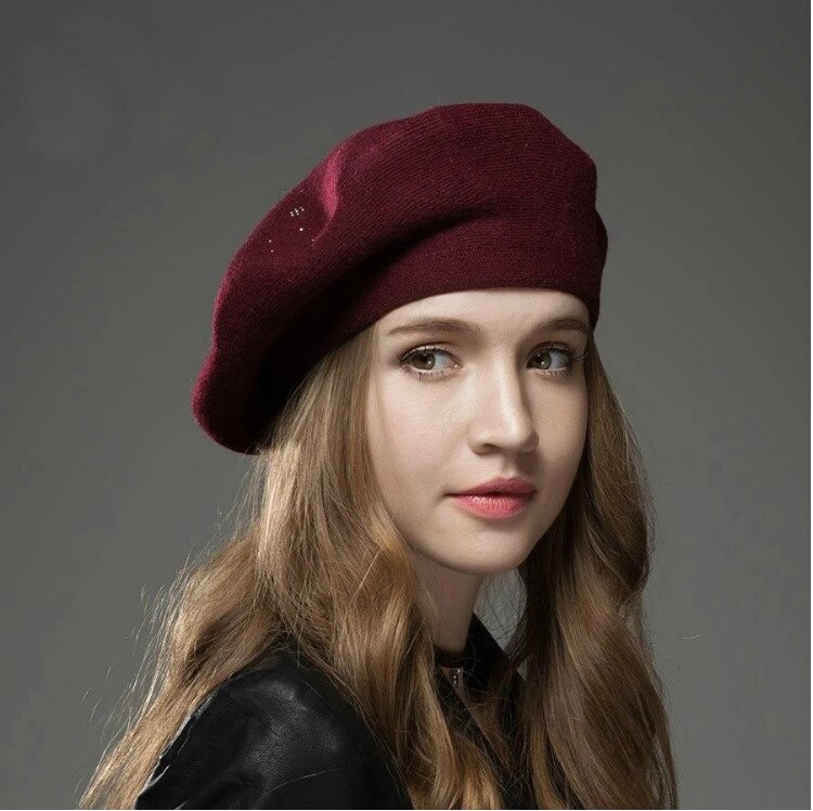 Boinas para mujer de YLWHJJ, boinas de punto de lana de colores sólidos a la con diamantes de imitación, gorro estilo boina de artista francés para mujer: DarkRed