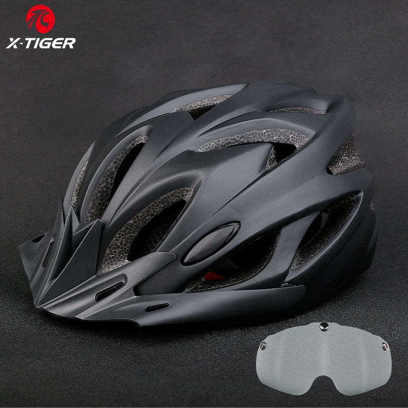 X-TIGER Casco de ciclismo Casco de bicicleta moldeado integralmente Luces LED Casco de bicicleta MTB Sombrero deportivo ultraligero seguro con gafas Visera: Negro