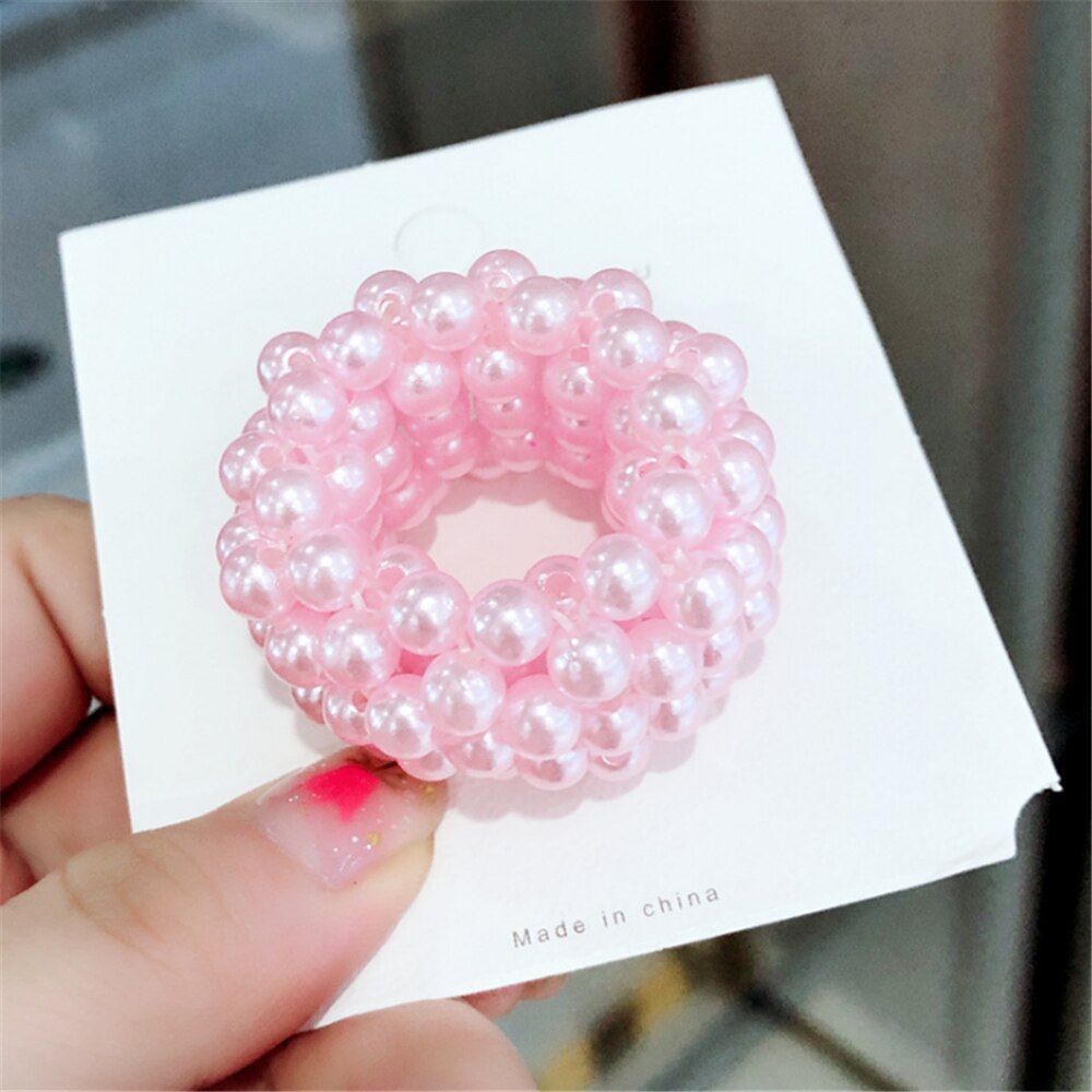 Accesorios coreanos para el cabello para mujer, perla de imitación, coletero de goma, cuerda de cabello elástico de: Pink