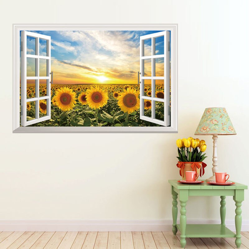90x60cm 3D Sonnenblume Fenster Zauberstab Aufkleber Sonne Blumen Landschaft Heimat Dekor Wohnzimmer Kunst Decals entfernbar Tapete dekoration