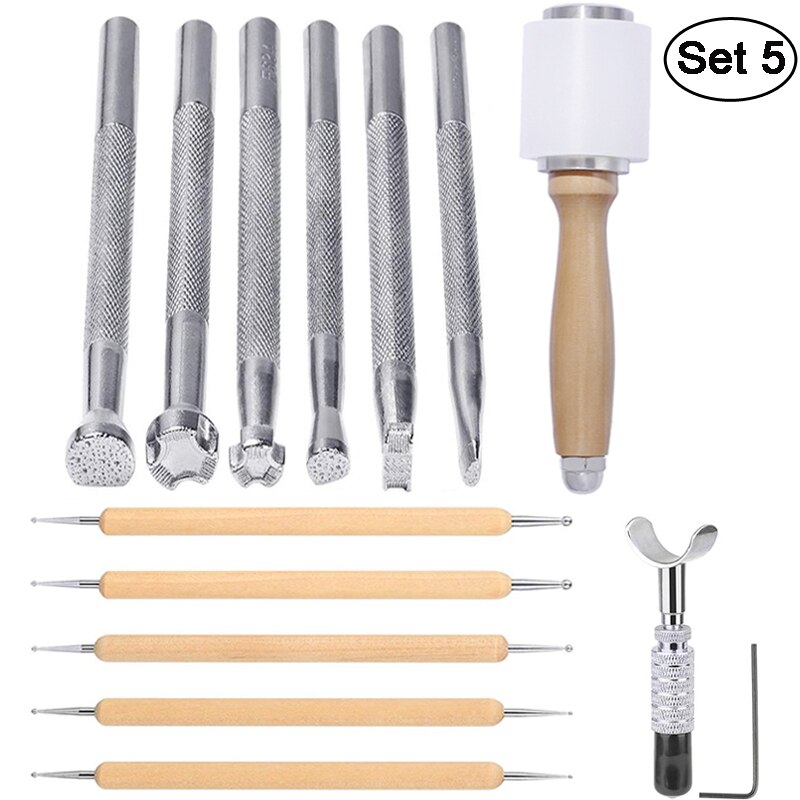 LMDZ Leather Craft Tools Kit Stitching Stamping Embossing Punch Saddle Groover Carving Hammer Set For Leather Working: Set 5 (13pcs)