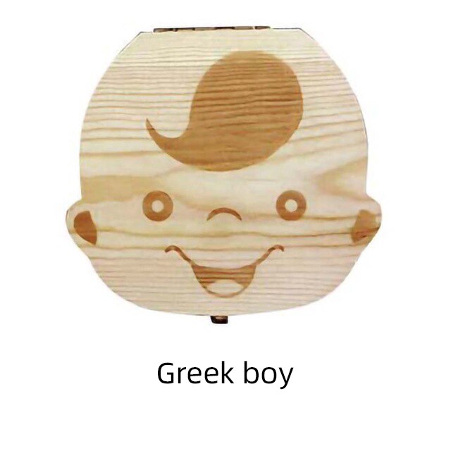 Wooden Baby Tooth Box Spanish/English/Dutch/Russian/French /Italian Wooden Milk Teeth Organizer Storage Boys Girls Baby Souvenir: Greek   boy