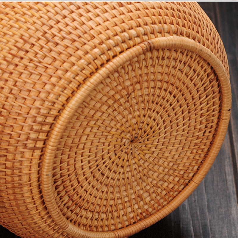 Rattan storage box with lid round shape handmade jewelry boxes organizer Vietnam Rattan weaving tin for puerh tea food best
