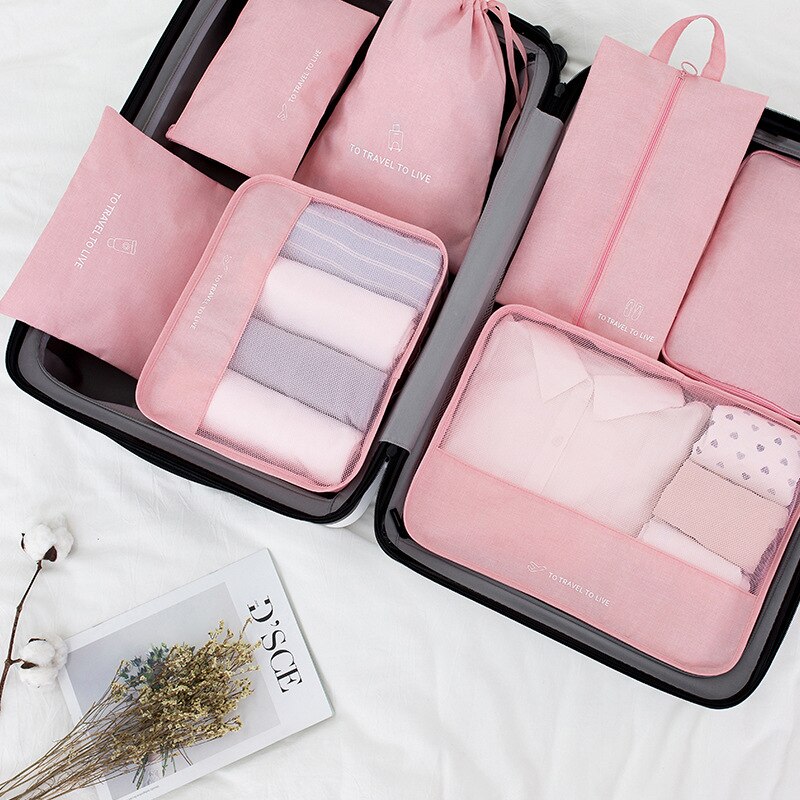 7 Teile/satz Reisetasche Set Frauen Männer Gepäck Organizer für Kleidung Schuh Wasserdichte Verpackung Cube Tragbare Kleidung: Rosa