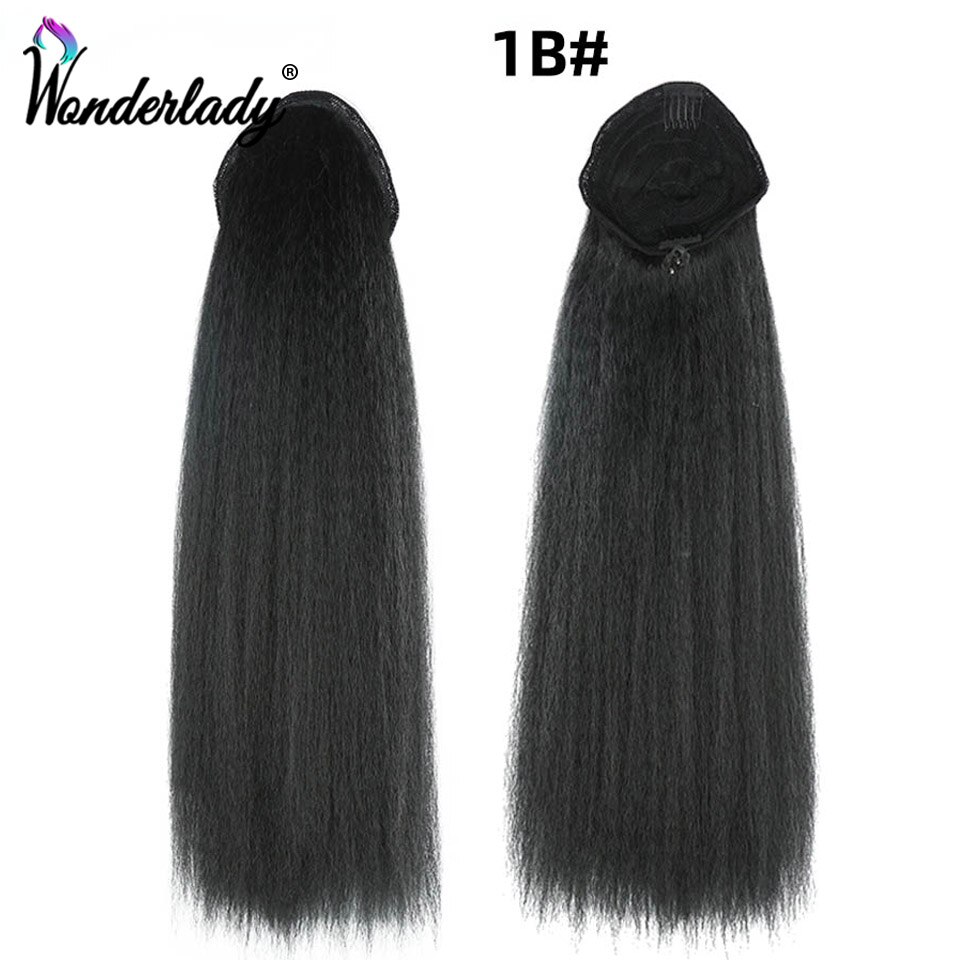 WonderLady Afro Yaki Straight Drawstring Ponytail Synthetic Hair Extensions Long Hairpiece Wrap Around Ponytail For Women Black: 1B SLQ25