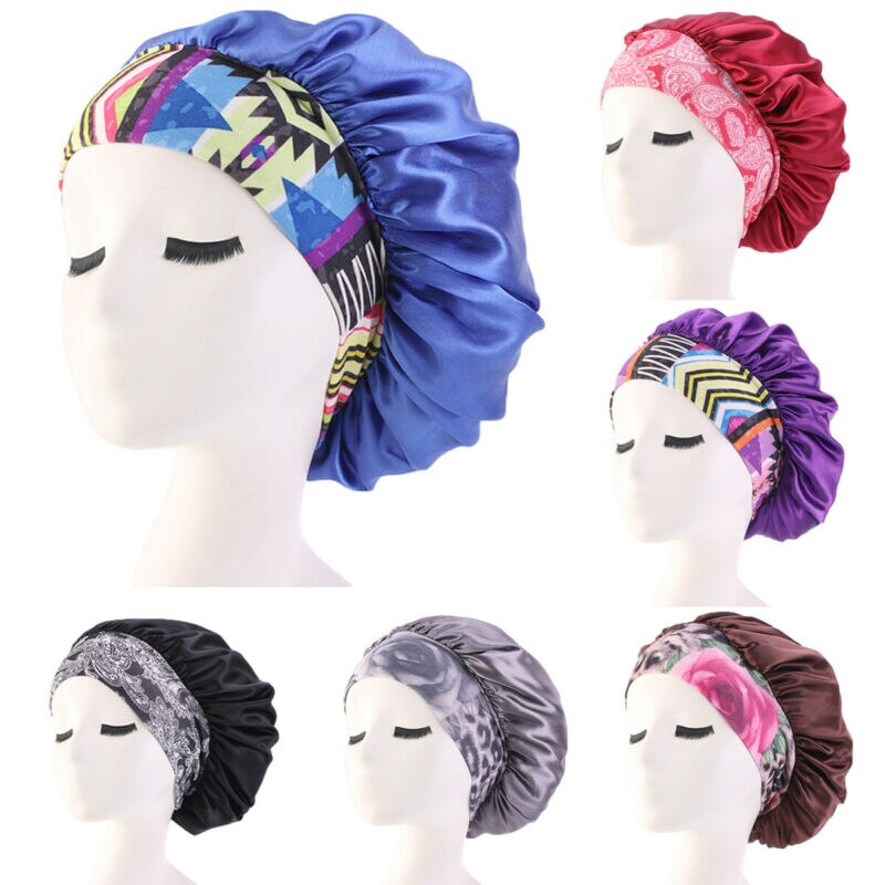 Gorro de satén para salón de belleza para mujer, gorro para dormir, gorro para el pelo, diadema ancha elástica de seda para cabello rizado