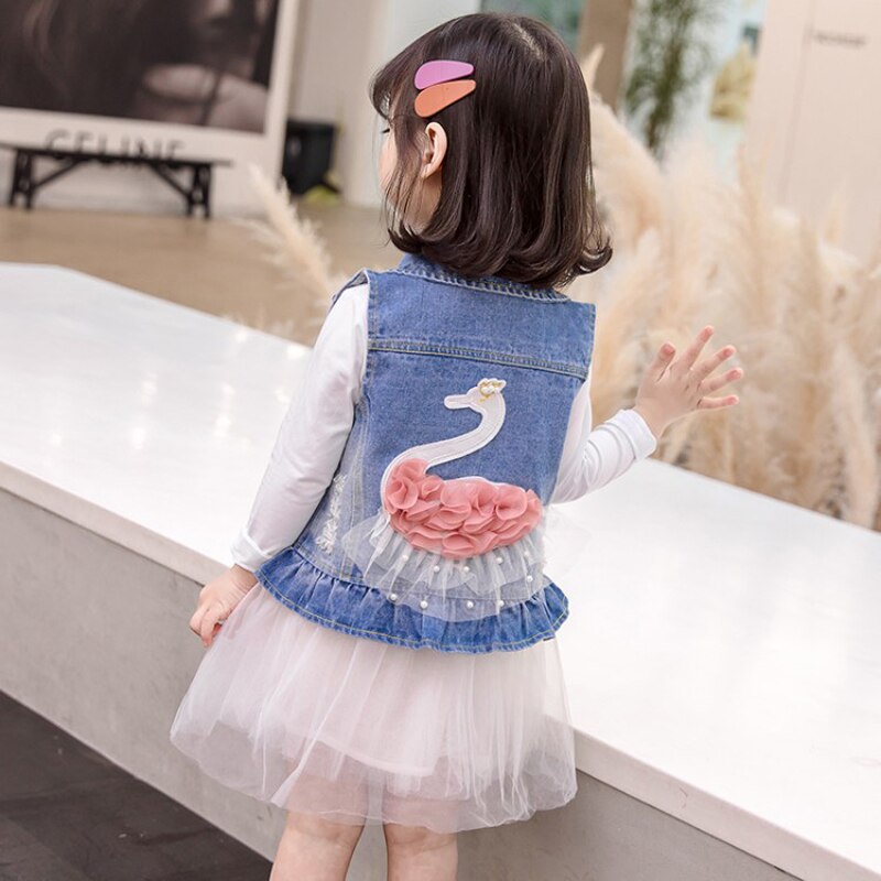 Chaleco de algodón con encaje para niñas, ropa vaquera con volantes rasgados y estampado de cisne de dibujos animados, para niños de 2 a 8 años, primavera y otoño