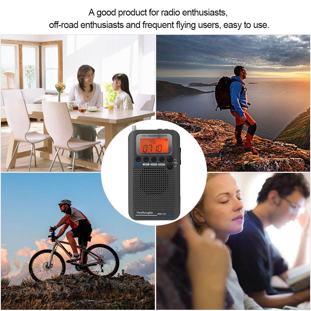 HanRongDa HRD-737 Portable FM Radio Aircraft Full Band Radio FM/AM/SW/CB/Air/VHF Receiver World Band w/ LCD Display Alarm Clock