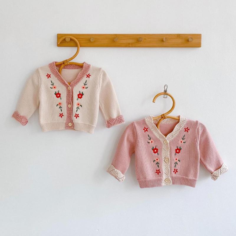 herbst Neue Baby Mädchen betroffen Strickjacke Nette Blume Stickerei zur Seite fahren Langarm Kleine Mädchen Strickjacke Jacke freundlicher betroffen Spitzen