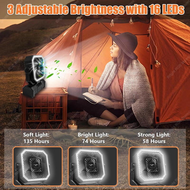 Ventilator de camping alimentat cu baterii de 20000 mah cu cârlig de agățare cu rotație de 360 ° pentru corturi de pescuit, ventilator de tavan reîncărcabil pentru camping