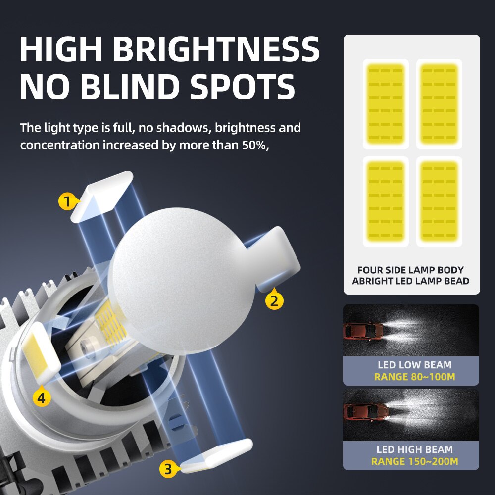 Roadsun – ampoules LED pour phares de voiture, feux antibrouillard automatique, faisceau haut et bas, H4 H7 H8 H9 H11 LED 9006 HB4 9005 HB3 6000K 12V 12000LM