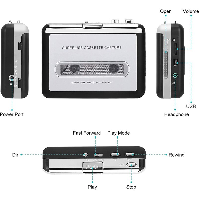 Cassette Te MP3 Converter, Digitale Bestanden Geschikt Voor Laptops En Macs Met Hoofdtelefoon, van Tape Om Mp3 (Zwart)