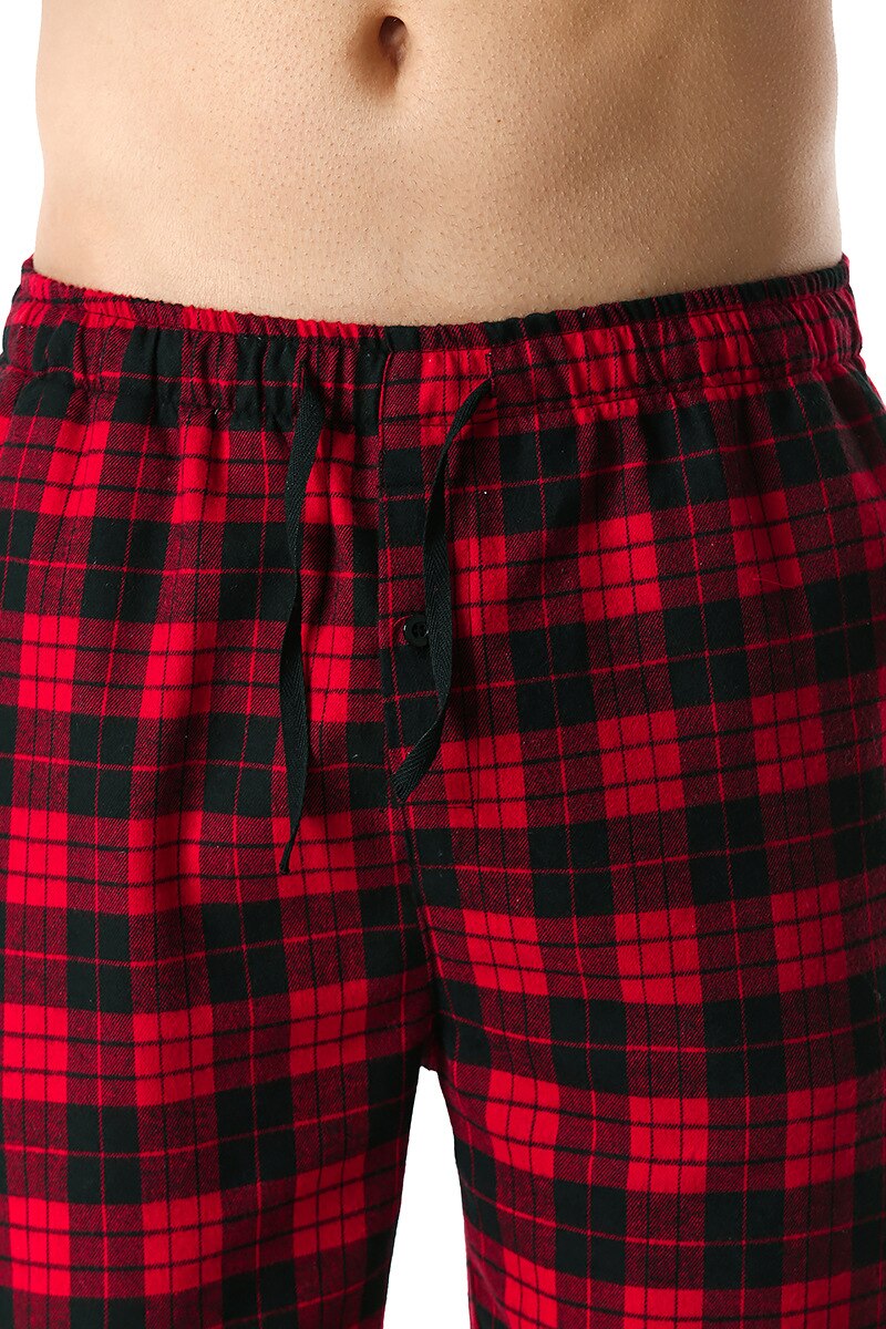 Red Black Plaid Pajama Pants Men Lounging Relaxed House PJs Sleep Bottoms Mens Flannel Cotton Drawstring Button Fly Sleepwear