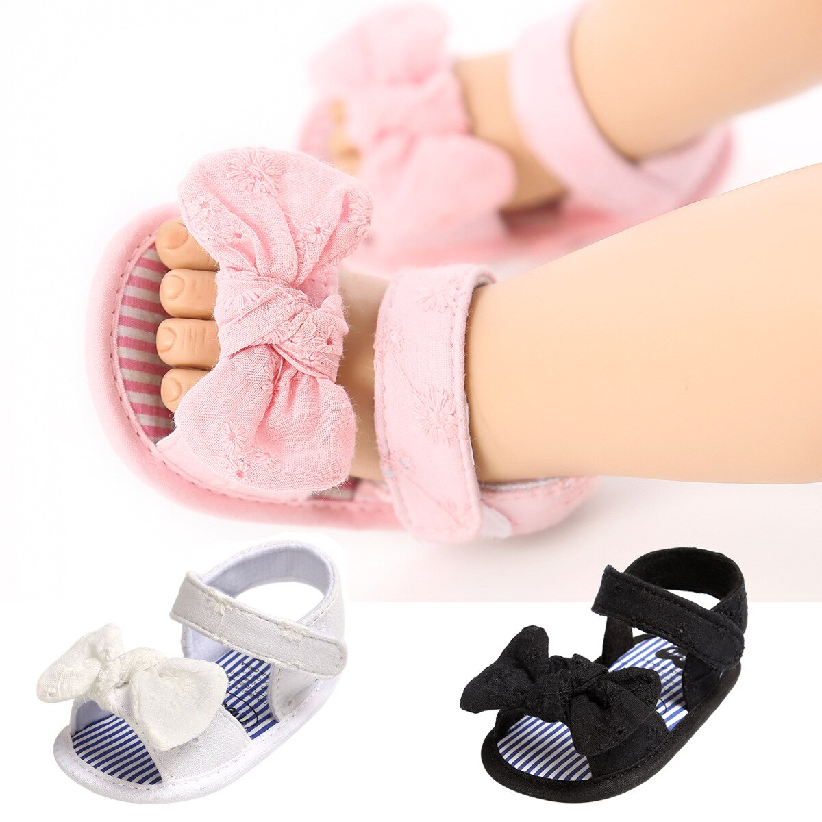 Novedad de verano, sandalias para niñas pequeñas, lindos lazos florales de encaje, zapatos para niñas pequeñas, sandalias de algodón suave con suela para bebés de Color sólido, zapatos para bebés