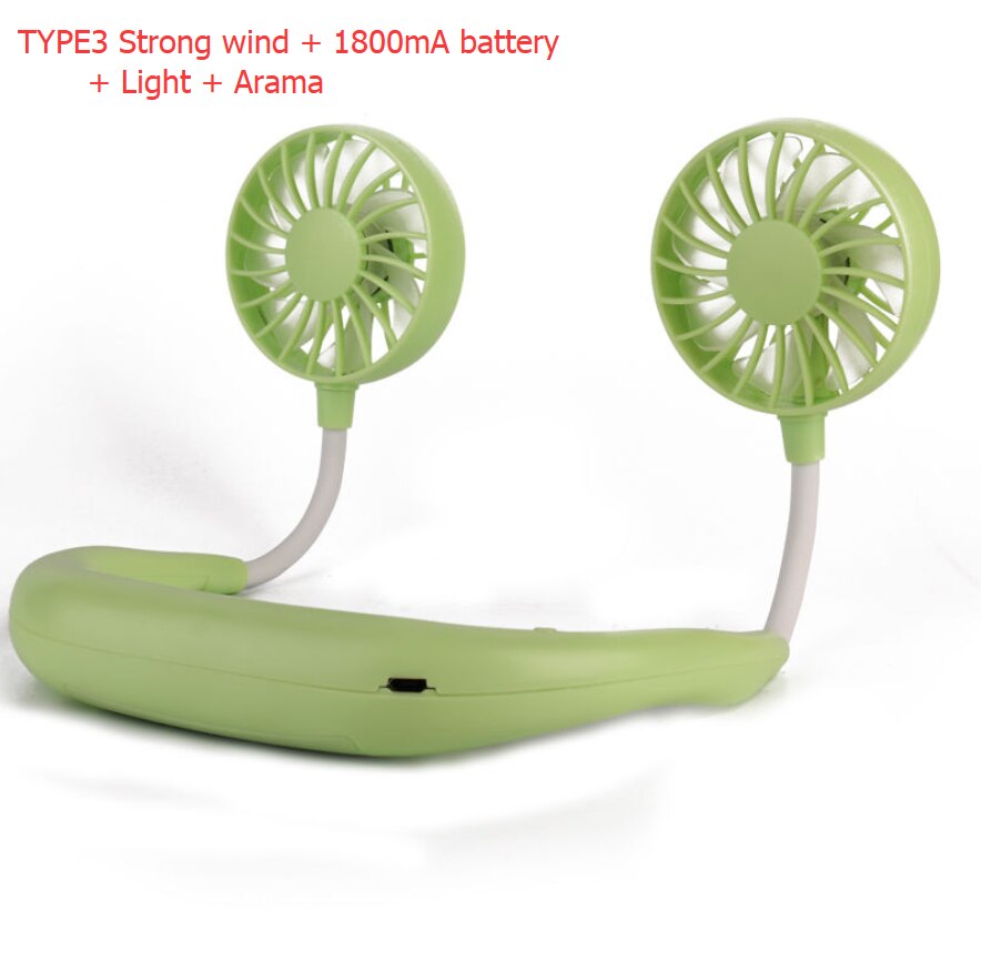 Mini USB Portable Fan Neck Fan Neckband With Rechargeable Battery Small Desk Fans handheld Air Cooler Light and Arama: Type3 Green