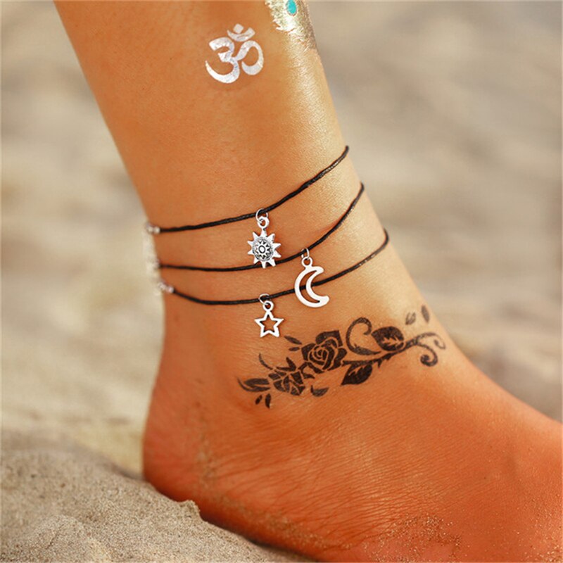 Tobillera estilo bohemio estrella Luna corazón para mujer, tobillera Vintage Multi cadena para mujer, pulseras en pierna joyería femenina océano: f1833