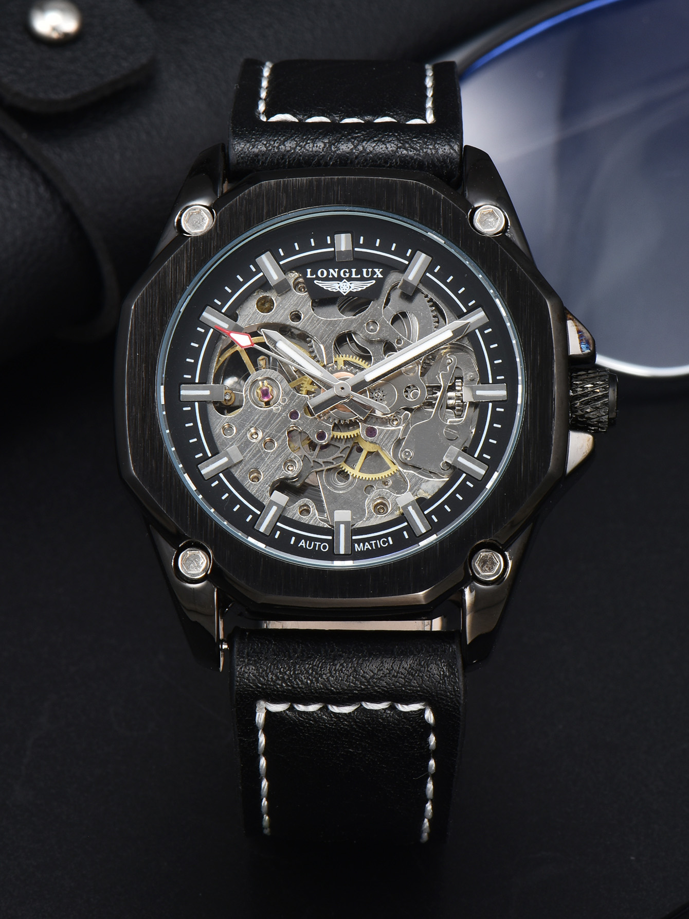 LONGLUX montre automatique sport style montres mécaniques creux en cuir hommes montre hommes: Black