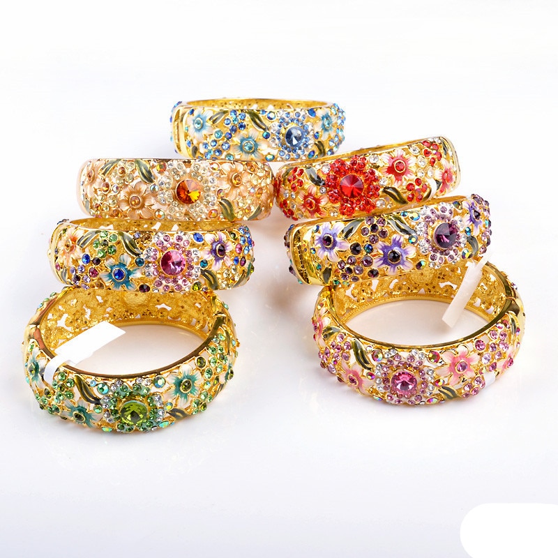 Cloisonné Bracelet - 18KGP Women's Jewelry - Double-Sided Crystal Flower - Full Circle Trendy Bangle