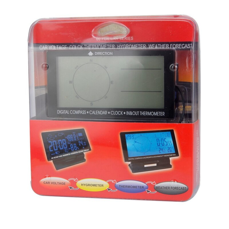 Digitale Auto Binnen/Buiten Thermometer 5in1 Blue Backlit LCD Voertuig Weerstation Kompas Temperatuur Meter Klok Kalender