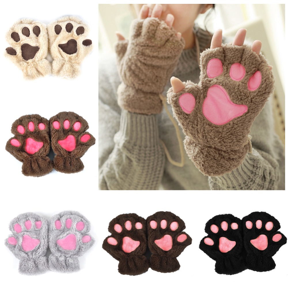 Winter Women Cute Cat Paw Claw Plush Mittens Short Fingerless Finger Half Gloves -Y107