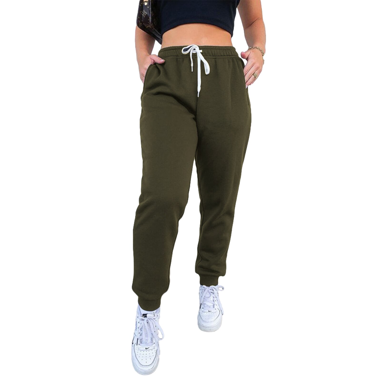 Sweatpants Women's Solid Colors Loose Straight Pants High Waist Casual Sports Fitness Trousers With Fleece-lined Pant: Army Green / M