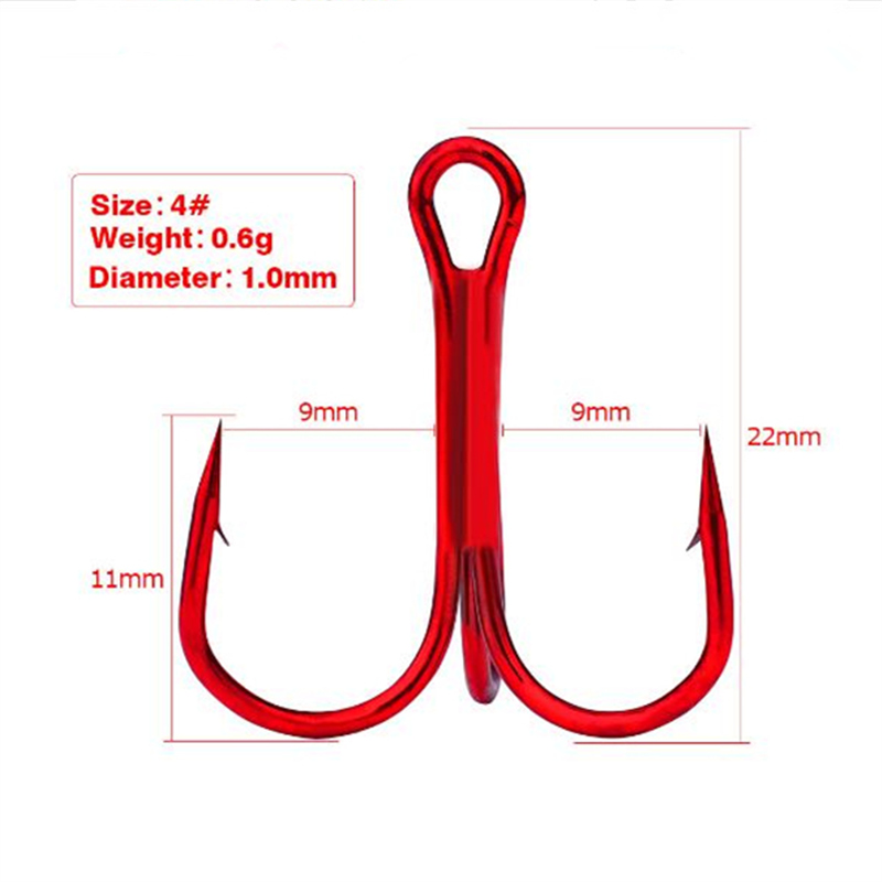 10 Stks/partij Rood Drie Vishaak High Carbon Staal Treble Vernietigd Haken Visgerei Ronde Bocht Treble Voor Bass: 02