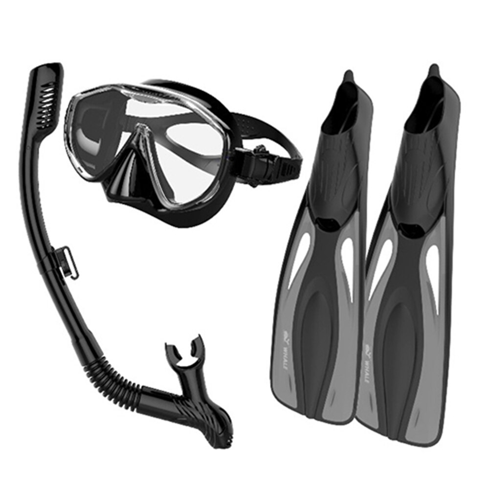Snorkelbril, flippersset, duikmaskerset, snorkelbril, zwemvinnen, adembuis, uitrustingspakket: Zwart / S/m