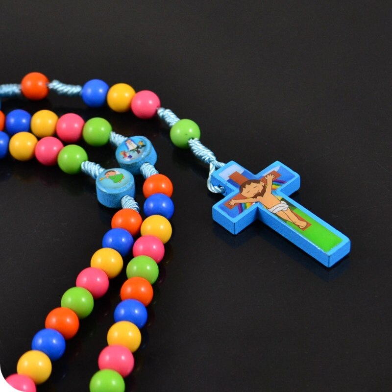 Cross,Cartoon Jezus Kruis Hanger Ketting Rozenkrans Kralen Katholieke Kettingen Kinderen Kid Meisjes Religieuze Sieraden