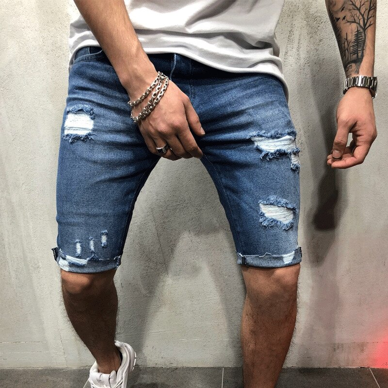 Casual Mens Denim Shorts Stretch Regular Fit Distressed Ripped Half Jeans Pants