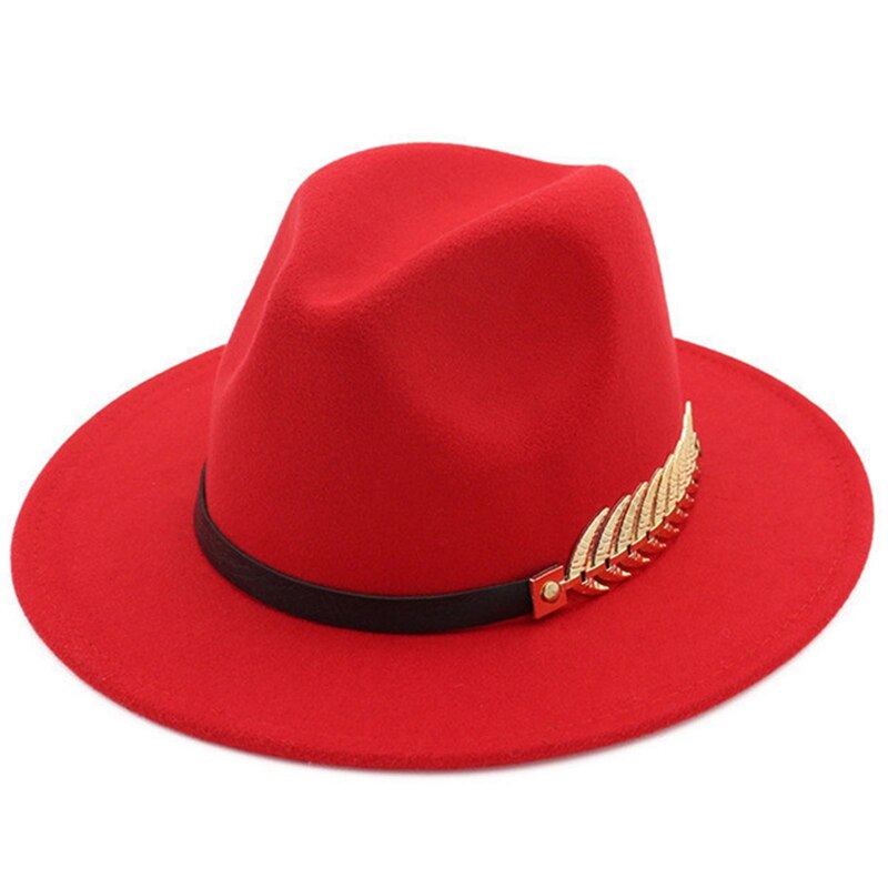 Sombrero de lana de estilo británico para hombre y mujer, gorro de lana de estilo británico, con plumas de hoja dorada, de fieltro de ala grande, Unisex: RD