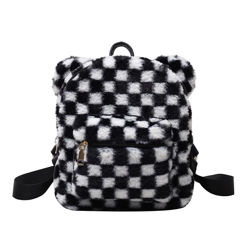 Bear Ears Plush Female Backpack Faux Fur Shoulders Bag Cute Furry Women Bag Winter Bags For Women 2022 Mini Girl Backpacks: Black Plaid Backpack