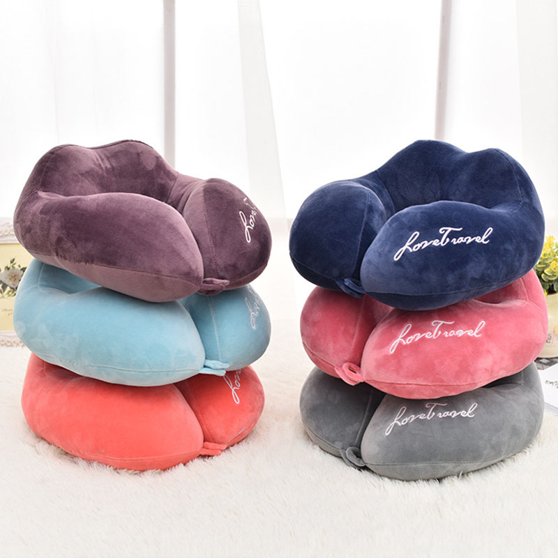 Almohada de viaje portátil para el cuello, espuma viscoelástica de franela para avión, coche, oficina, soporte ergonómico para el cuello en forma de U con hebilla