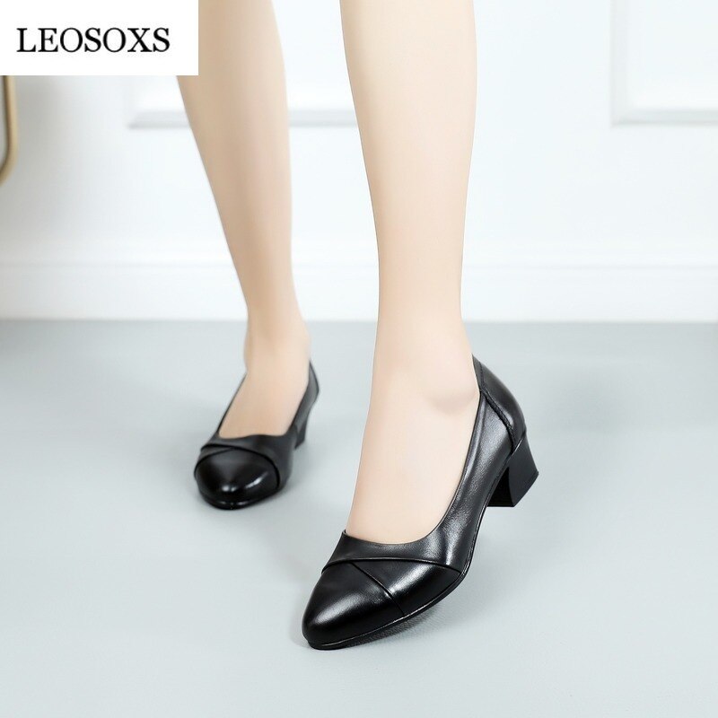 Leosoxs kvinder pumper sko kvindelige slip-on enkelt sko kvinder forår efterår firkantede hæl klassiske pumper fritidskontor dame sort