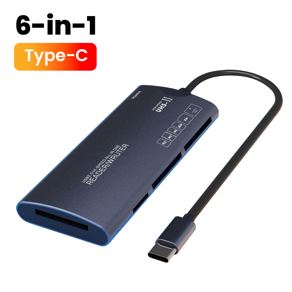 Elough 6-in-1-Kartenleser SD TF XD CF M2 Speicherkartenleser USB-Adapter Typ C Hochgeschwindigkeits-Datenübertragungskartenleser für Laptop: Weiß