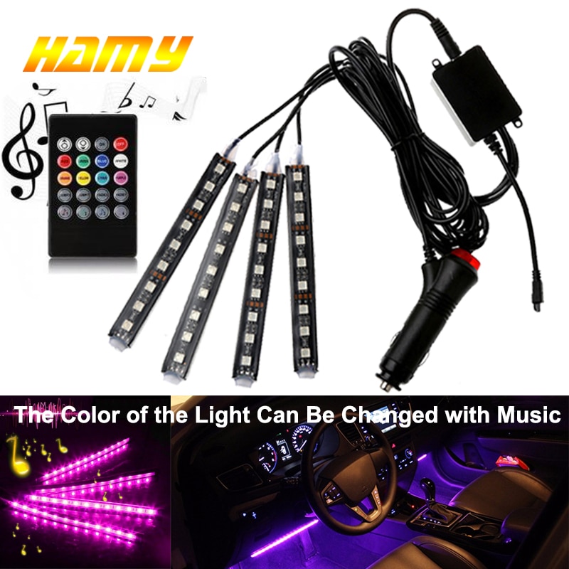 4 stuks Auto RGB USB LED Strip Licht Interieur Styling Decoratieve Sfeer Lampen Strip LED Met Afstandsbediening Voice controlled ritme lamp