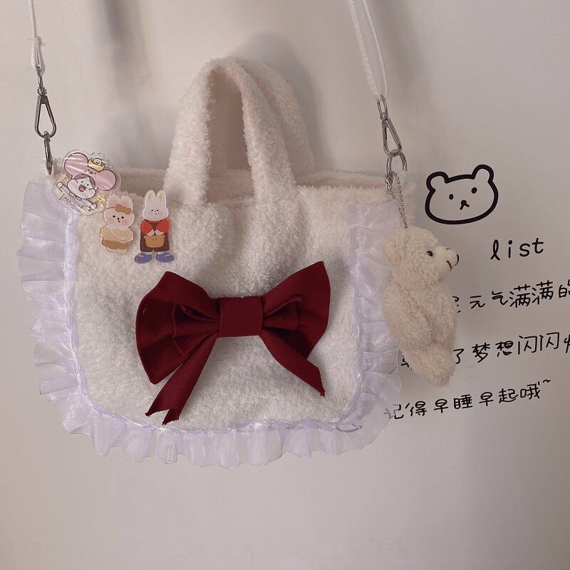 Japanischen y2k bogen frauen schulter tasche Harajuku Kawaii plüsch spitze eins neue leinwand Ulzzang perle kette frauen umhängetasche shpper tasche