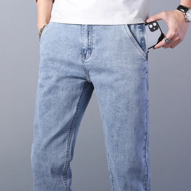 2022 Spring Summer Brand Fitted Straight Light Blue Thin Jeans Classic Zipper Pocket Men&#39;s Casual Lightweight Jeans