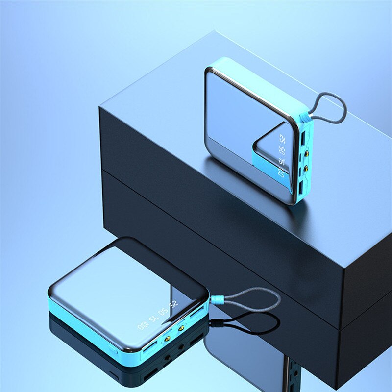 30000mAh Power Bank Mini Mirror Screen Portable Phone Charger LCD Digital Display Dual LED Lighting USB Powerbank for Smartphone: Blue