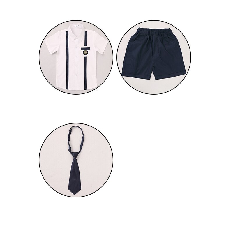 Uniformes escolares japoneses coreanos de algodón para niños y niñas, camiseta blanca, Falda plisada azul marino, pantalones cortos, conjuntos de trajes para estudiantes: boys set / 160cm height