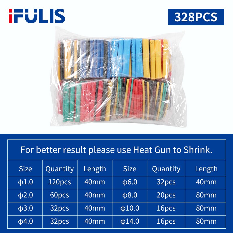 Tubes thermorétractables pour isolation, 800/780/580 pièces, gaine rétractable pour câble de voiture 2:1, plusieurs couleurs: 328PCS  (Bag)