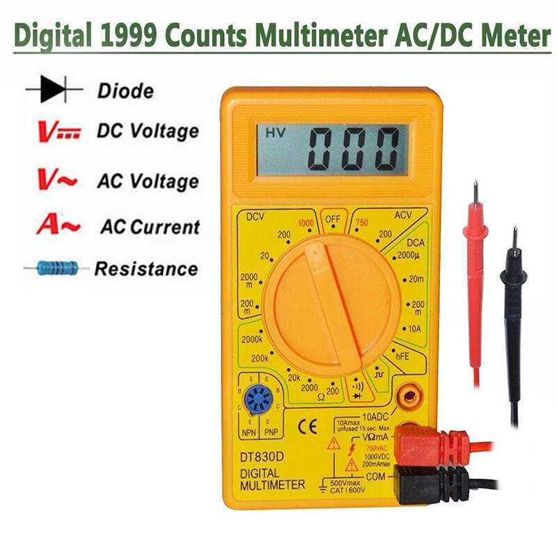LCD Digital Multimeter Tester Hand Voltmeter Measuring Current Resistance Temperature Meter AC/DC Ammeter Test Lead Probe Test: DT830D
