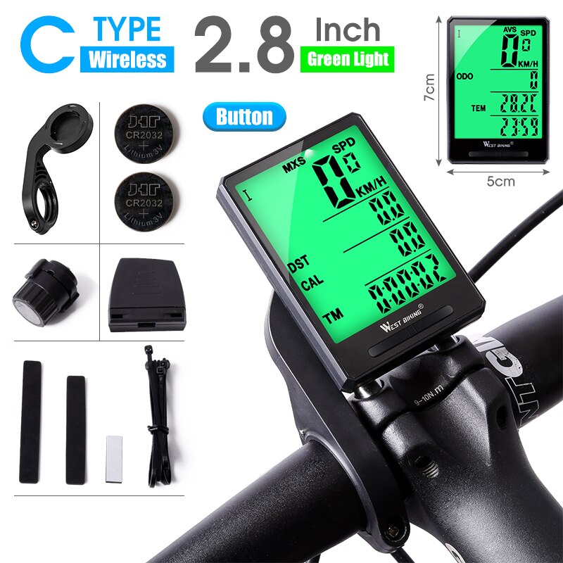 WEST BIKING-velocímetro de ciclismo, ordenador con pantalla grande de 2,8 pulgadas, resistente al agua, 20 funciones, inalámbrico y con cable, para bicicleta de montaña: C Wireless