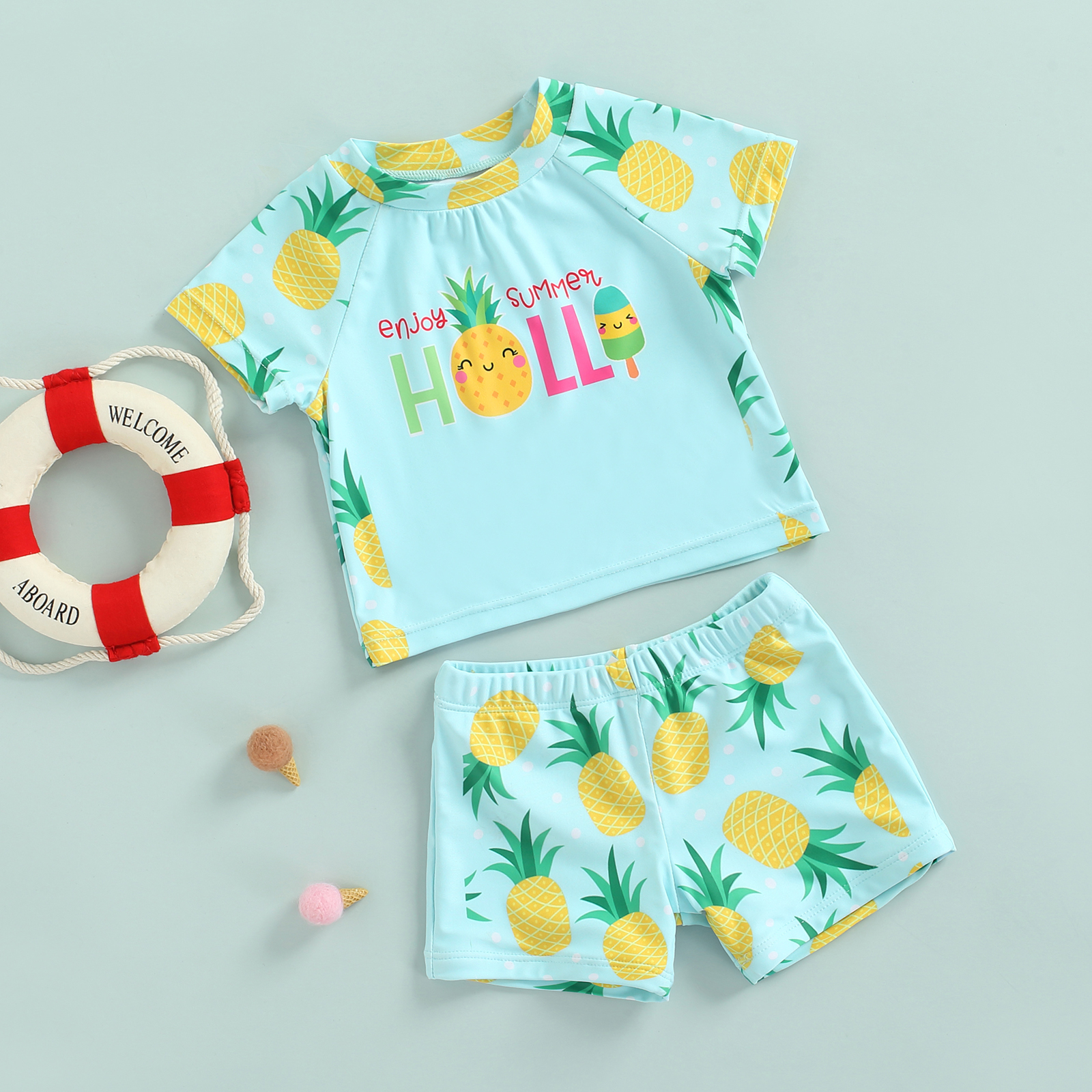 Crianças meninos moda nadar trunks conjunto carta abacaxi impressão manga curta camiseta e shorts de duas peças banho