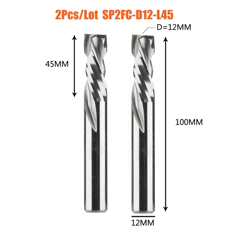 2PCS/LOT Compression Milling Cutter Woodwork UP&amp;DOWN Cut Two Flute Spiral Carbide Milling Tool CNC Router Bits Wood End Mill: 2PC-SP2FC-D12.0-L45
