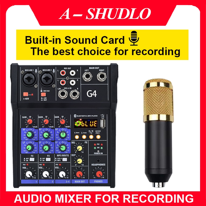 G4 Sound Mixing Console with Sound Card Bluetooth USB Recording 48V Phantom Power Delay Repaeat Effect 4 Channels audio mixer