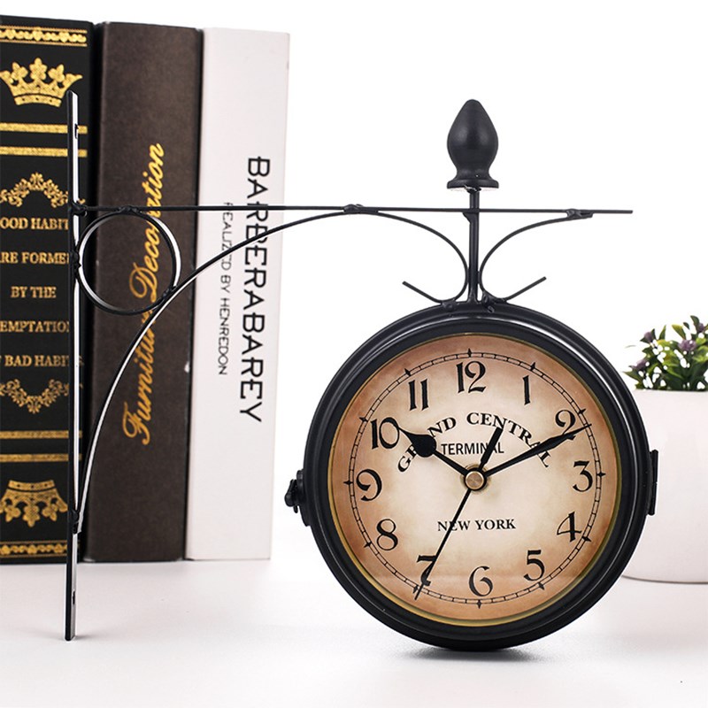 Double Sided Wall Clock Garden Porch Hanging Retro Station Home Decor Outdoor Two Faces Antique Round Silent Easy To Hang
