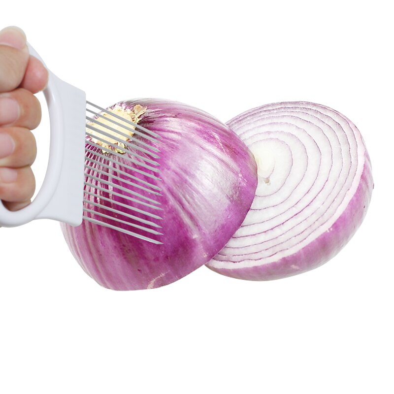 Tenedor de cocina de soporte para corte fácil de cebolla, rebanador de verduras de plástico de acero inoxidable, cortador de tomate, dispositivos con agujas para carne, herramientas de carne 10