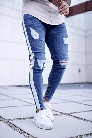 Jean homme avec bande latérale Patchwork déchiré jean en détresse coupe mince homme crayon pantalon pleine longueur Denim hommes vêtements pantalon: Bleu ciel / XXXL